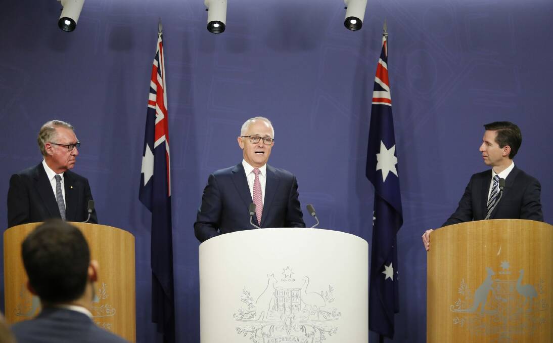David Gonski with Prime Minister Malcolm Turnbull announcing his Gonski 2.0 education funding.  Photo: Daniel Munoz