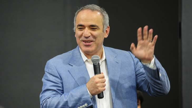 Grandmaster and former World Chess Champion, Garry Kasparov, speaks at the Doeberl Cup tournament held at the Woden Tradies Club. Photo: Katherine Griffiths