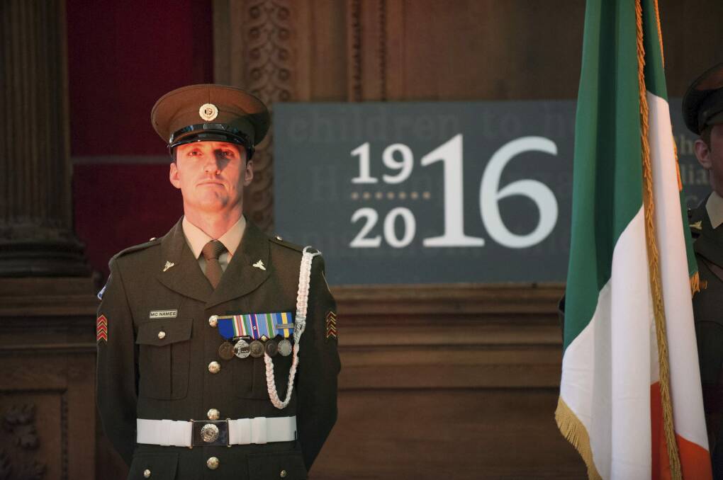 An Irish soldier stands guard in Dublin where the city is preparing for the centenary of the 1916 Easter Rising. Photo: Reg Gordon/Failte Ireland