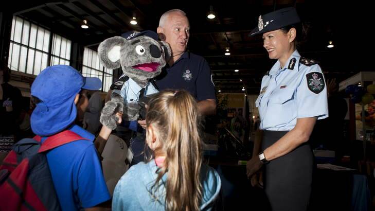 Kenny Koala with Stewart Waters and Deputy Chef Police Officer Charmaine Quade. Photo: Katherine Griffiths