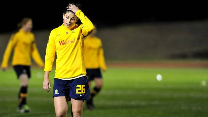 Michelle Heyman during training with the Matildas at the AIS on Wednesday. Photo: Melissa Adams