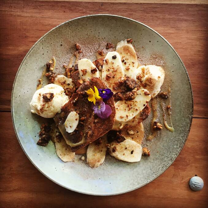 Cinnamon French toast, dulce de leche, fresh banana, candied nuts served with Goodberrys. Photo: Supplied