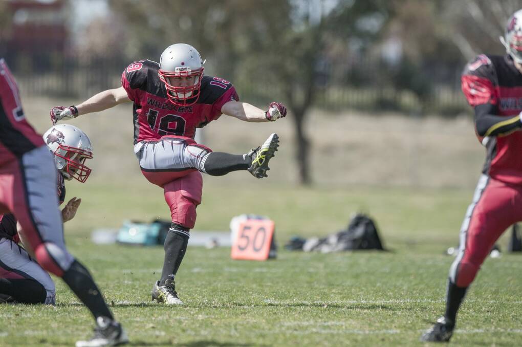 Queanbeyan Kangaroos rugby league player Jordan Macey kicks for the Gungahlin Wildcats. Photo: Jay Cronan