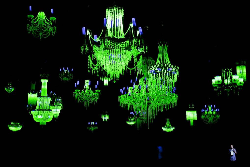 Uranium glass glows under ultraviolet light in Crystal Palace: The Great Exhibition of the Works of Industry of all Nuclear Nations (2012-13) by Ken and Julia Yonetani. Photo: Supplied