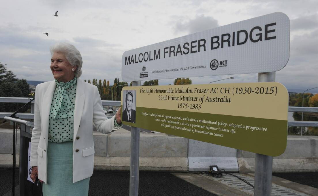 Tamie Fraser at the official opening of the Malcolm Fraser Bridge, part of the Majura Parkway project. Photo: Graham Tidy