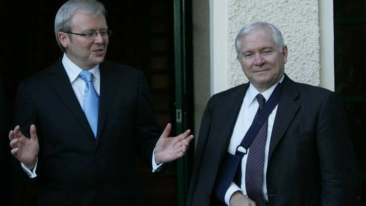 Former US Secretary of Defence Robert Gates pictured during his 2008 visit, listens to former prime minister Kevin Rudd. Photo: Andrew Taylor