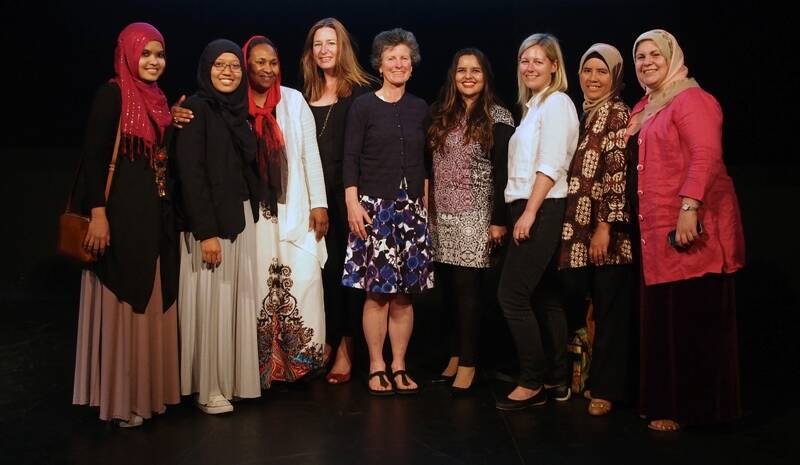 At the launch of Walk in my Shoes: Stories by Muslim Women. Left to right: Myra, Elza. Muataza, Yvette Berry MLA, Jenni Savigny, Sarwat, Janice Falsone, Dina, Diana Abdel-Rahman. Photo: Supplied
