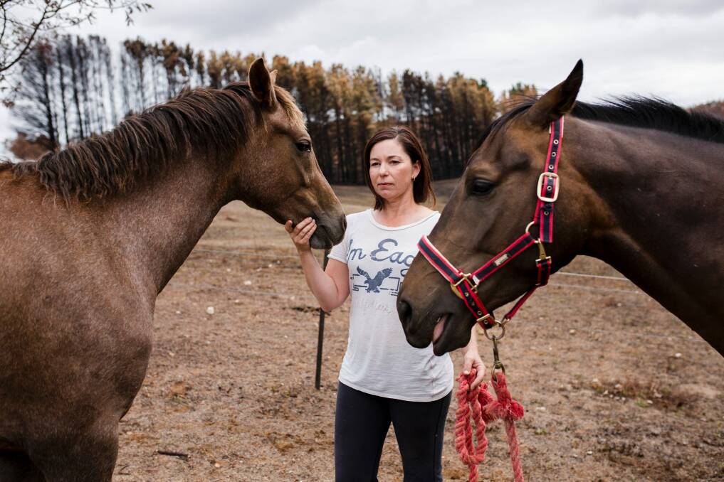 Carwoola resident Alex DeValentin said she had no radio reception to listen to ABC Radio Canberra during the recent fire when she evacuated to her friend's home in Hoskinstown. Alex in her burnt paddock with two of her horses, Harry and Buster. Photo: Jamila Toderas