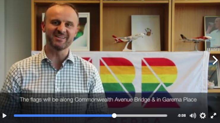 ACT chief minister Andrew Barr announced on social media the rainbow flag would fly for a week from Valentine's Day in support of marriage equality. Photo: Michael Gorey
