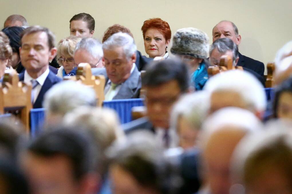Senator Pauline Hanson during the ecumenical service to mark the opening of the 45th Parliament on Tuesday. Photo: Alex Ellinghausen