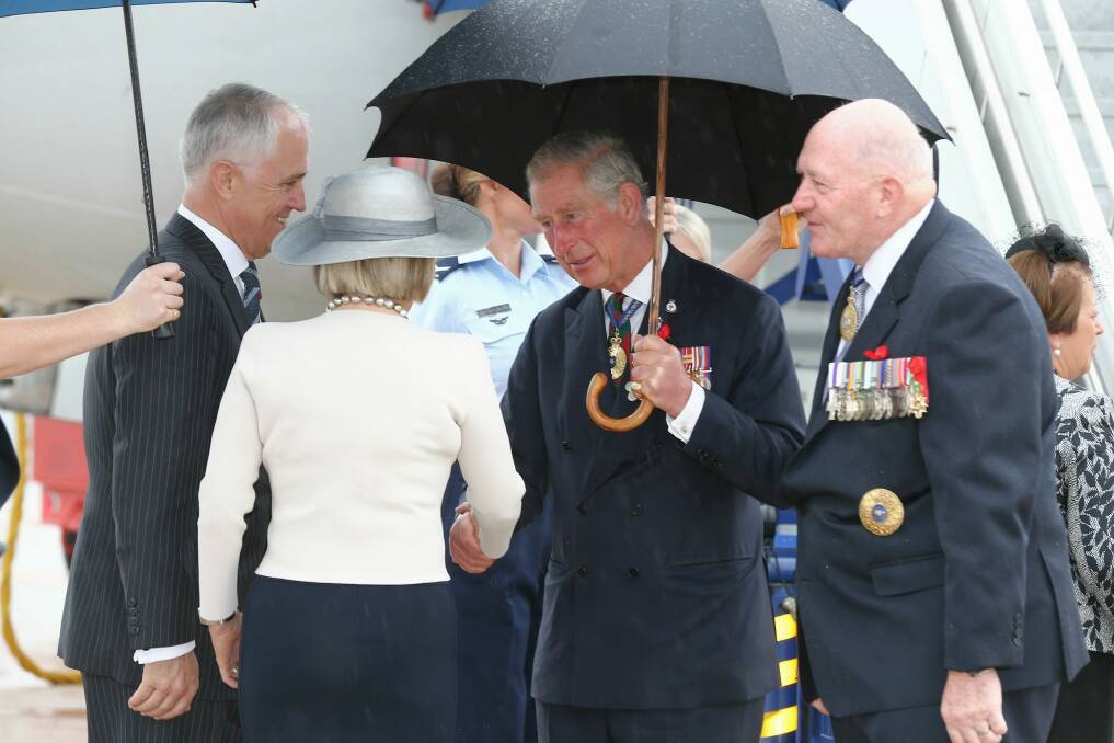 Prince Charles is greeted by Prime Minister Malcolm Turnbull, Lucy Turnbull and Governor-General Sir Peter Cosgrove on his arrival in Canberra on Wednesday. Photo: Alex Ellinghausen
