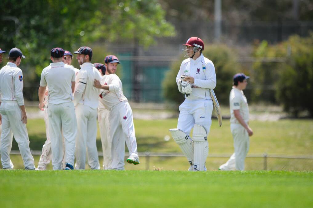 Wests-UC's Jordan Smith leaves the crease after being dismissed LBW. Photo: Sitthixay Ditthavong Photo: Sitthixay Ditthavong