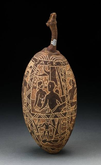 The eloping couple and the husband's revenge, by Jack Wherra. Carved boab nut. Photo: Jason McCarthy
