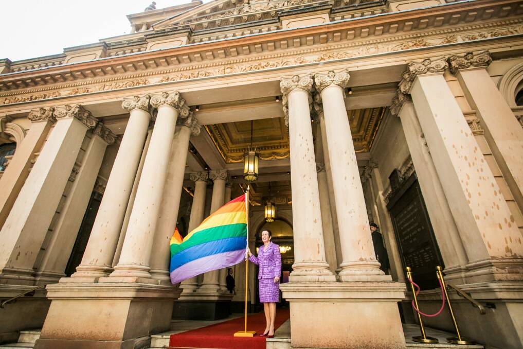 The lord mayor of the City of Sydney, Clover Moore, celebrates the beginning of the 2017 Sydney Gay and Lesbian Mardi Gras Festival. Photo: Anna Kucera