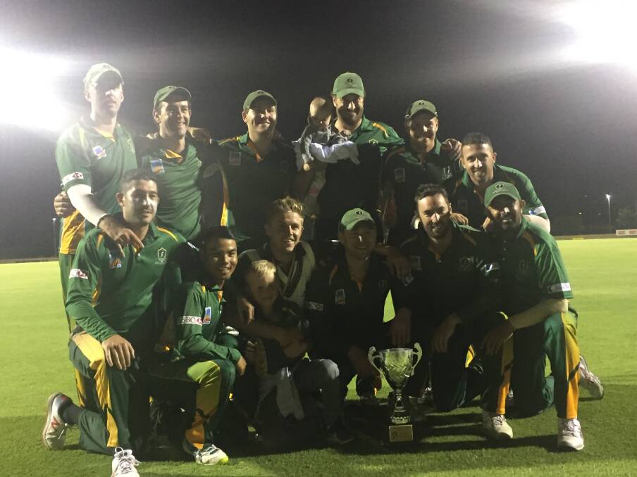 Weston Creek Molonglo players celebrate their 2019 John Gallop Cup one-day cricket final win against Queanbeyan. Photo: Caden Helmers