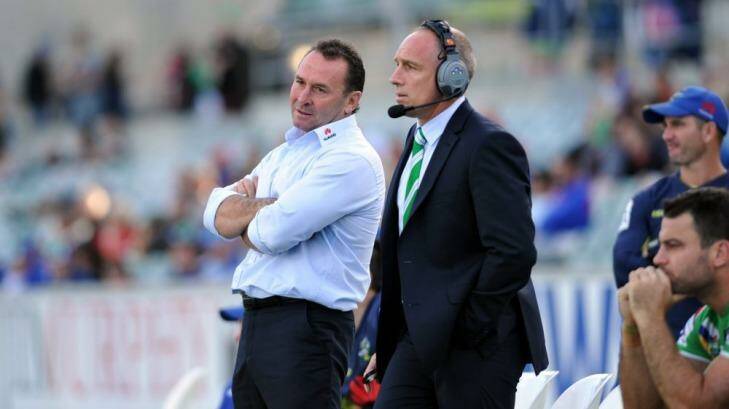 Ricky Stuart, left, has plenty of problems on his hands as coach of the Canberra Raiders. Photo: Graham Tidy