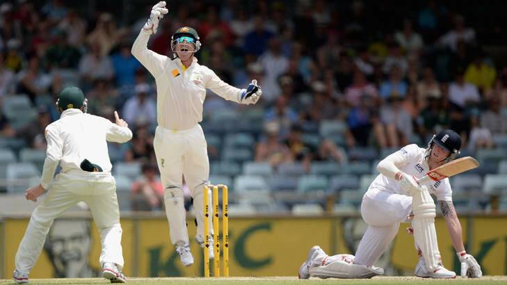 Australian wicketkeeper Brad Haddin celebrates catching out Ben Stokes of England during day five of the Third Ashes Test Match between Australia and England at WACA. Photo: Gareth Copley