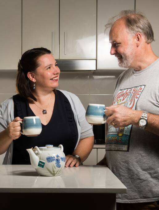 Serina Bird with her husband Neil Hadley at home in Turner. Sharing a teabag is just one of her thrifty habits. Photo: Elesa Kurtz