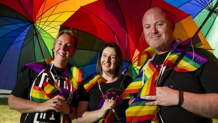 Philippa Moss, Leanne Staggard and Mat Knobel get ready for the SpringPut Queer Festival. Photo: Jay Cronan
