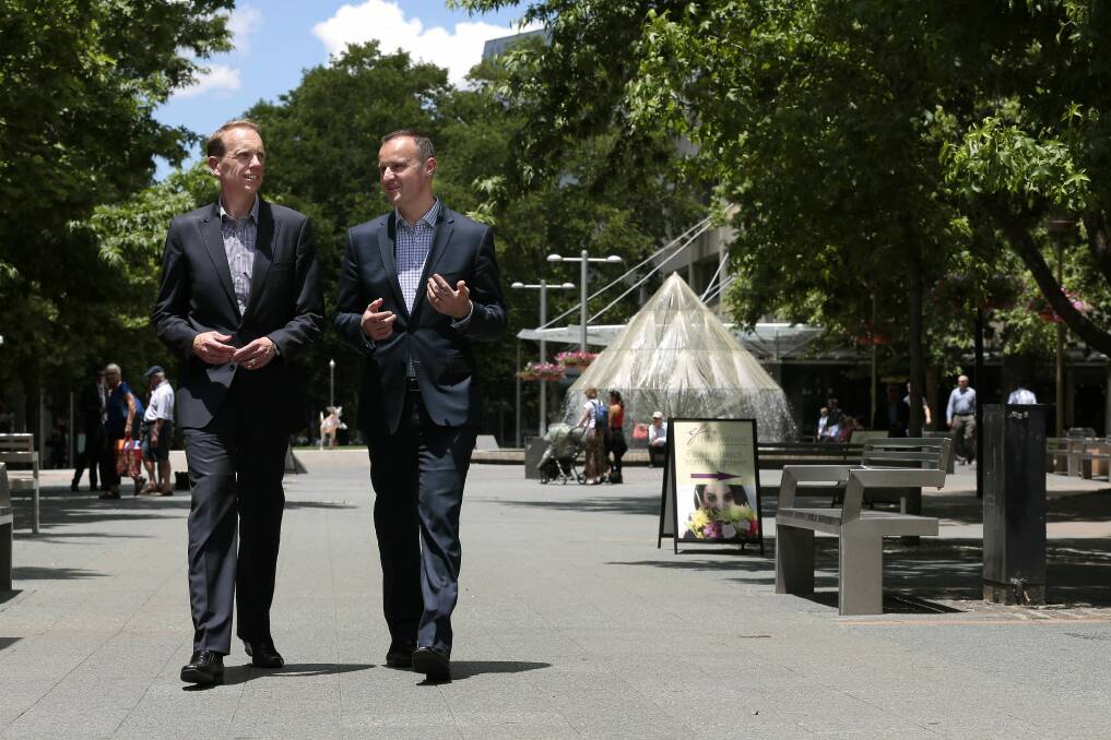 ACT chief minister Andrew Barr and deputy Simon Corbell at City Walk in Civic.  Photo: Jeffrey Chan