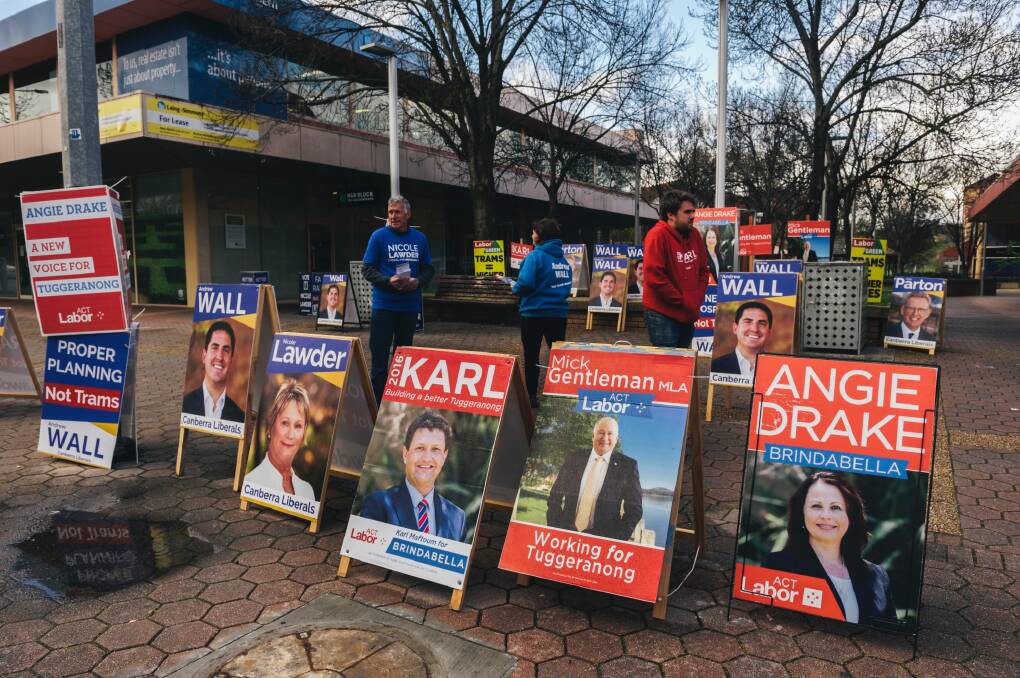 Labor and Liberal signage outside the Tuggeranong Hyperdome on Anketell St. Photo: Rohan Thomson