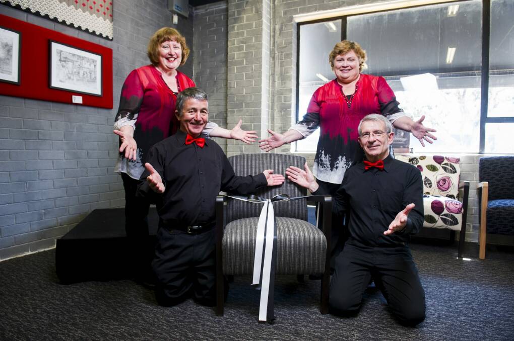 Chair leaders:  Vocal group Shiraz – Anita Cleaver, Chris Drury, Pam Foley and Graeme Clarke – launch the  ‘‘Occasion’’  waiting room furniture in Fyshwick. Photo:  