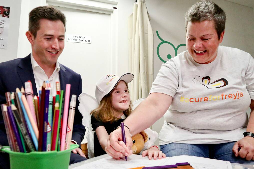 Head and neck surgeon Ben Dixon with Canberra girl  Freyja Christiansen, six,  and her mother Lizzie Christiansen  at the Epworth Hospital in Richmond, Melbourne. Photo: Alex Murray