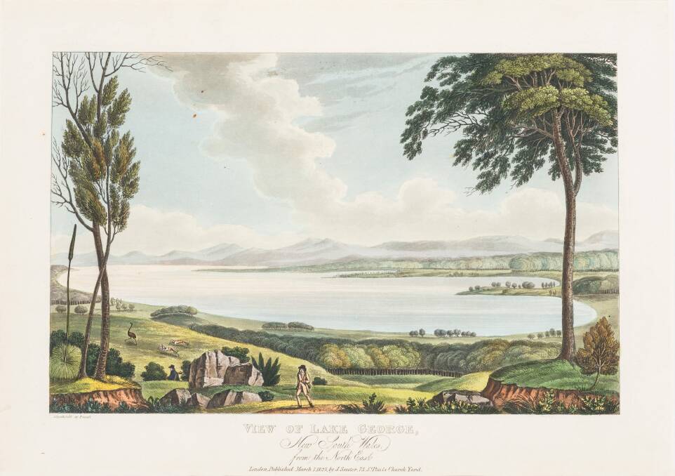 Collection selection D Clarke Joseph Lycett,View of Lake George, New South Wales, from the north east 1825, hand-coloured aquatint. CMAG, purchased 2014. Photo: Rob Little RLDI