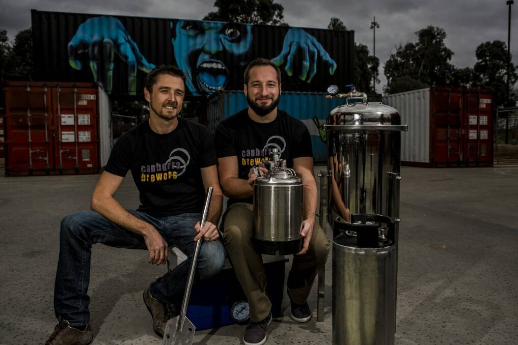 International Homebrew day will be held at WestSide Acton park on the 2nd of May. Secretary of Canberra Brewers Tony Hill, and President of Canberra Brewers Joel Baines.
 Photo: Jamila Toderas