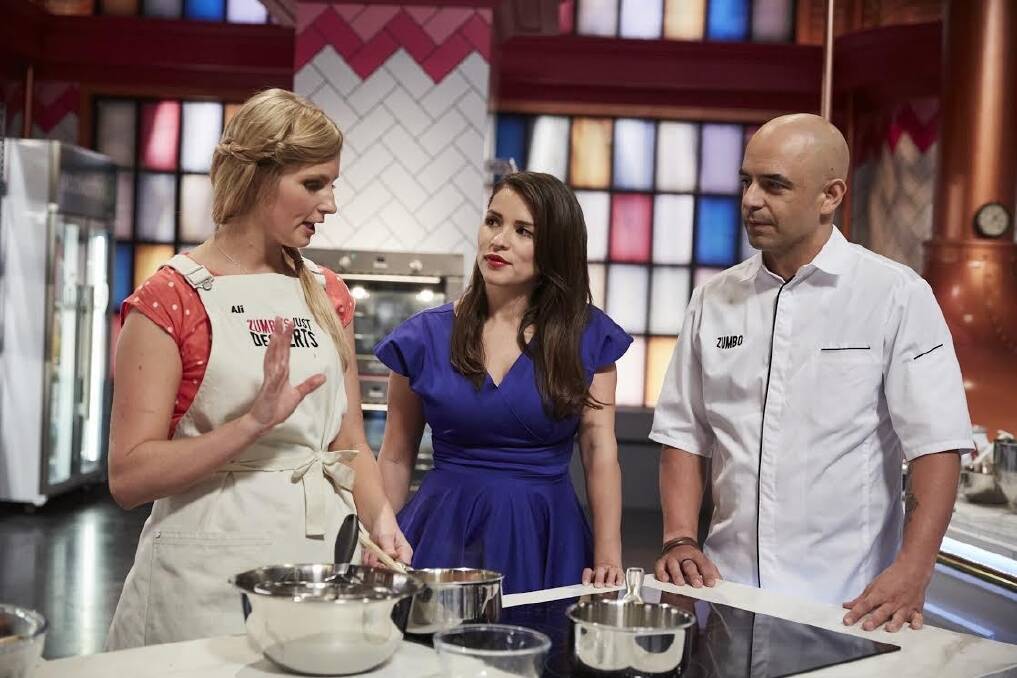 Canberra insurance broker Ali King on the set of Zumbo's Just Desserts with Rachel Khoo and Adriano Zumbo. Photo: Supplied