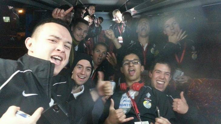 Tuggeranong United players party on the team bus after their FFA Cup win over South Hobart. Photo: Facebook