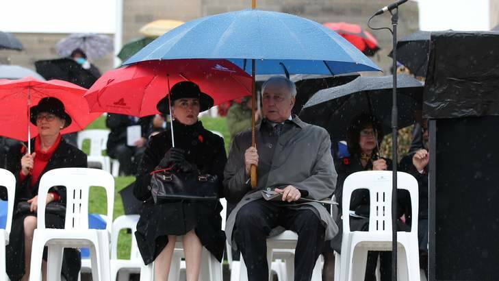 Canberra drenched... Former Prime Minister Paul Keating at the Remembrance Day Ceremony. Photo: Alex Ellinghausen