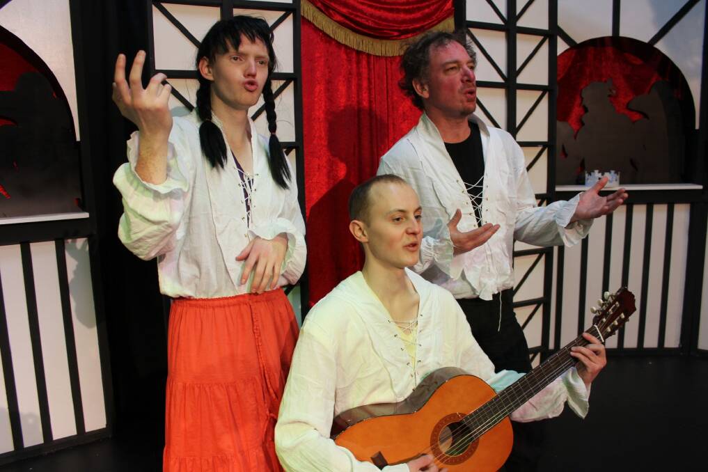 From left, Brendan Kelly, Ryan Pemberton (on guitar) and James Scott in 'The Complete Works of William Shakespeare (Abridged)'. Photo: supplied