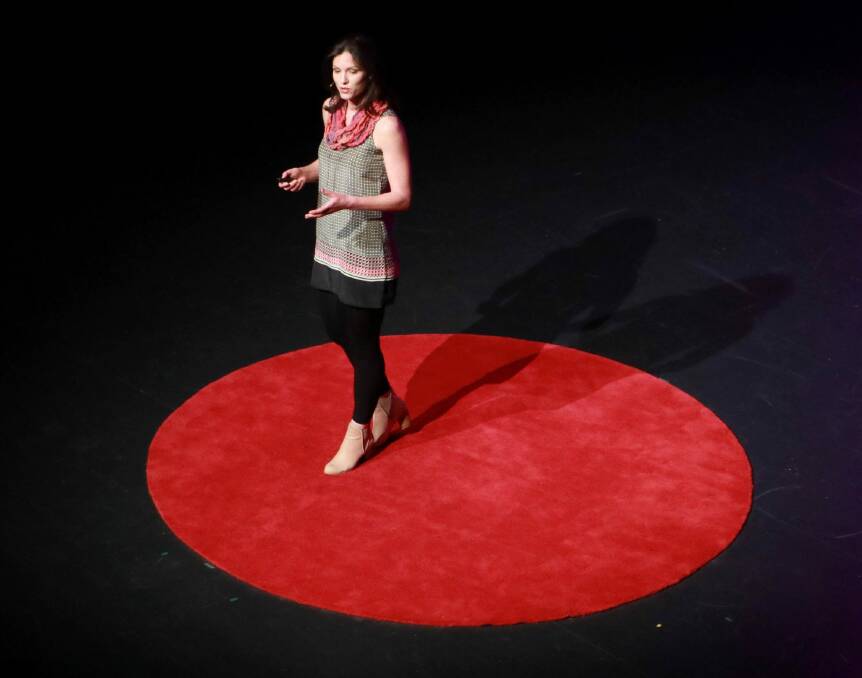 Pip Seldon on the famous red dot at last year's TEDx Canberra event. Pip was 'discovered' at last year's open mic night, when she spoke on her Healthy Tradie project. Photo: Supplied