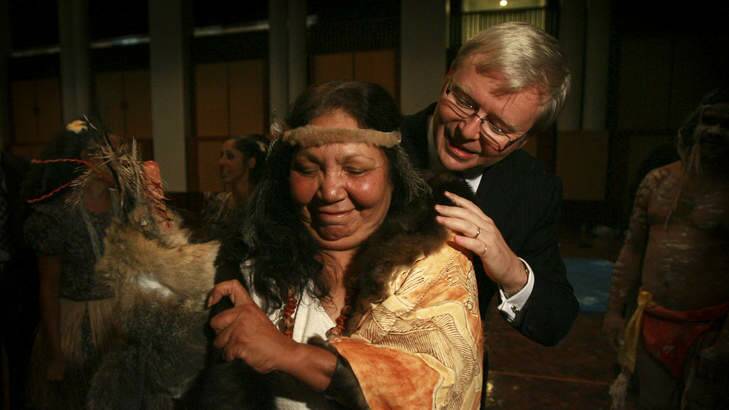 Ngambri People elder Matilda House with Kevin Rudd. Photo: Andrew Taylor