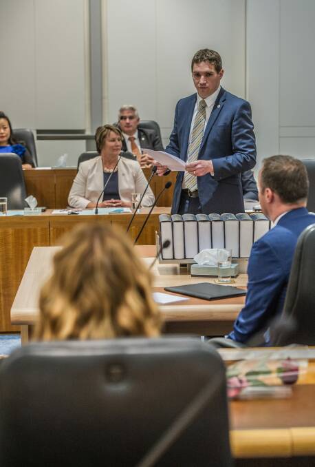 Opposition Leader Alistair Coe delivers his statement during the first sitting of the ninth ACT Legislative Assembly on Monday. Photo: Karleen Minney