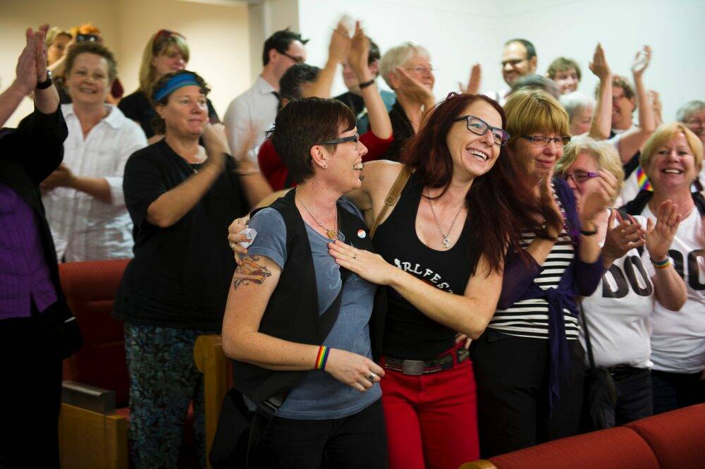 Premature: celebration as the ACT passes the same sex marriage bill in October, last year.  Photo: Rohan Thomson