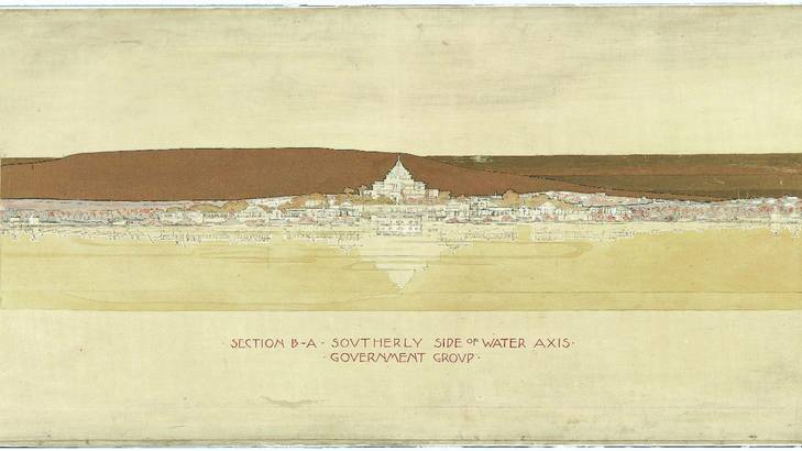 One of the drawings for the Canberra design competition rendered by Marion Mahony Griffin to accompany Walter Burley Griffin's entry in 1911. Photo: National Archives of Australia