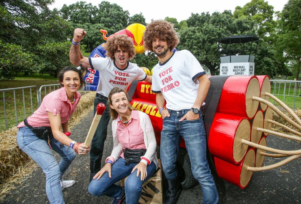 This Sunday, 60 fearless teams from across the country will be taking their place at the start line for the 2015 Red Bull Billy Cart Race at Centennial Parklands. Dynamite Napoleons Lydia Wallis, Sid Heaslip, Sarah Heaslip and Peter Steggall are ready to go. Photo: Dallas Kilponen