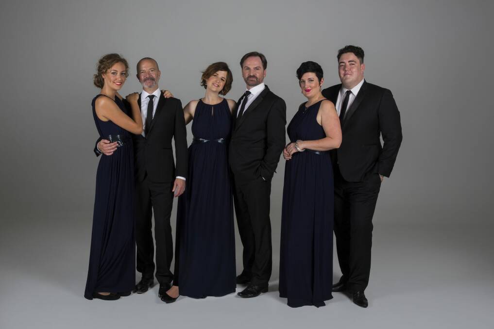 The Song Company, from left, Hannah Fraser (mezzo-soprano), Mark Donnelly (baritone), Susannah Lawergren (Soprano), Richard Black (tenor), Anna Fraser (soprano), Andrew O'Connor (bass).  Anna Fraser will be replaced by Tobias Cole for this performance.
