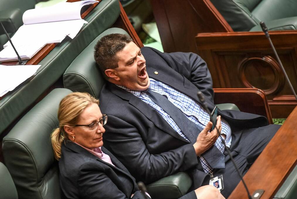 Member for South Barwon Andrew Katos feels the effects of a sleepless night. Photo: Justin McManus