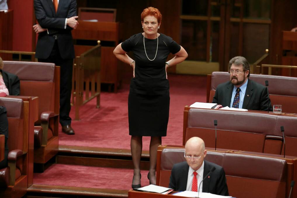 Senator Pauline Hanson is over-exposed and yet to evolve beyond a caricature of herself.  Photo: Alex Ellinghausen
