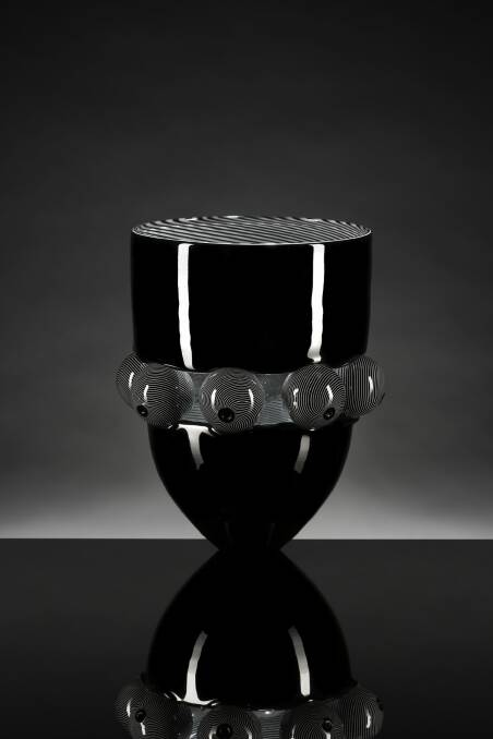 Tom Rowney's ''Open black bowl with spheres'', blown and hot-formed glass with cane work Photo: Rob Little