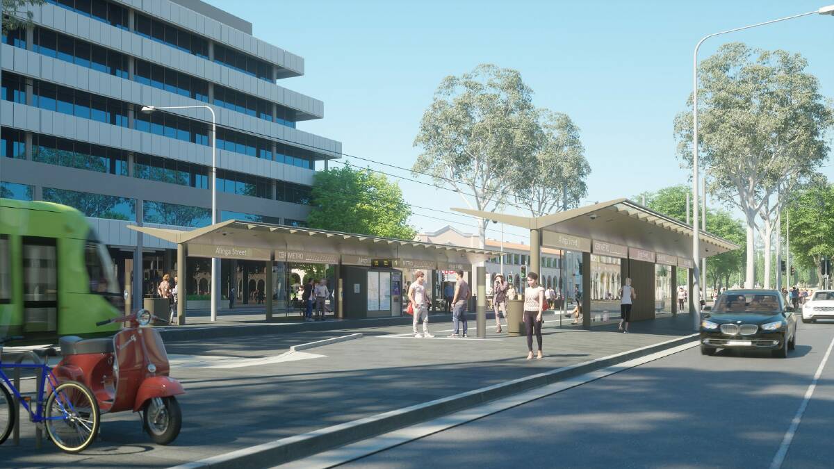 An artist's impression of the Capital Metro Gungahlin tram line showing the light rail stations. Photo: Supplied