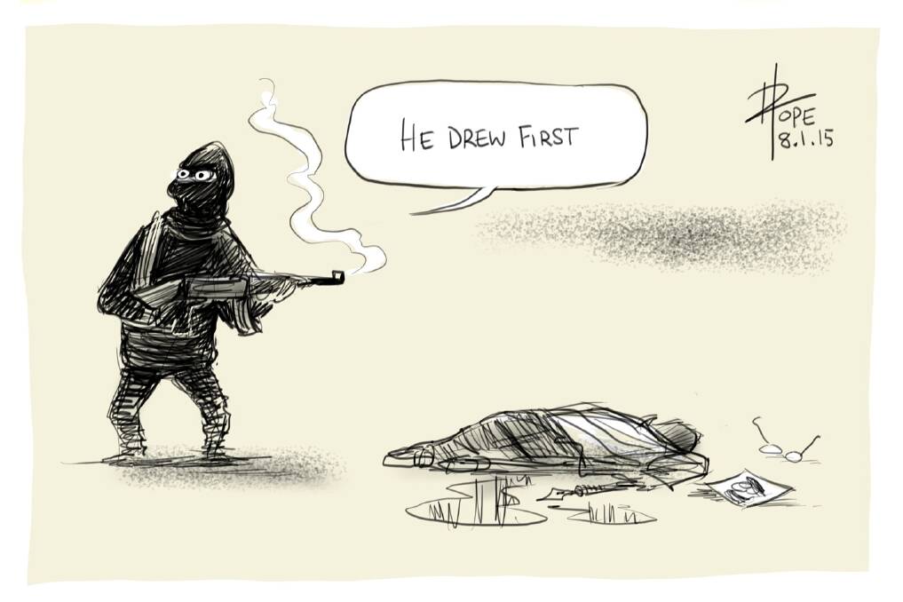 David Pope's cartoon drawn in the immediate aftermath of the Charlie Hebdo shootings in Paris.