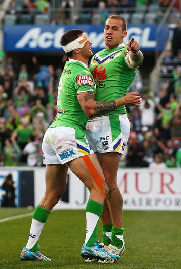 Blake Ferguson celebrates scoring a try with Sandor Earl today. Photo: Getty Images