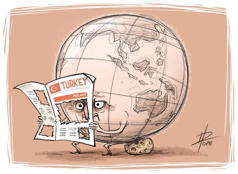 This cartoon by David Pope published on the front page of the Turkish national daily paper Cumhuriyet comments on the Turkish regime's efforts to censor and punish media coverage critical of the government. Photo: David Pope