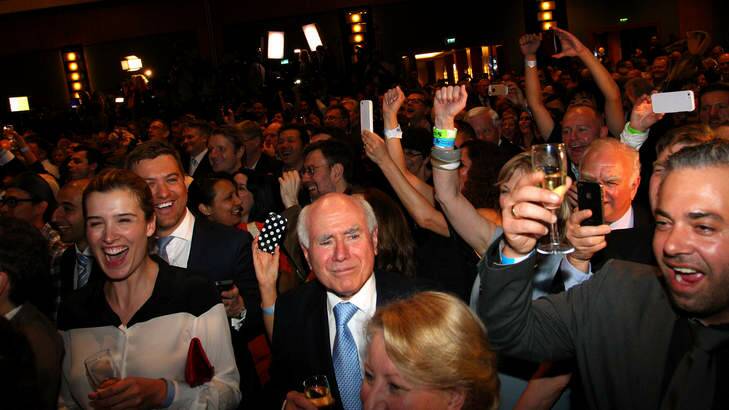 Former Australian PM John Howard celebrates as Australian Prime Minister-elect, Tony Abbott, claims victory in the 2013 Australian Election on September 7, 2013. Photo: Getty Images
