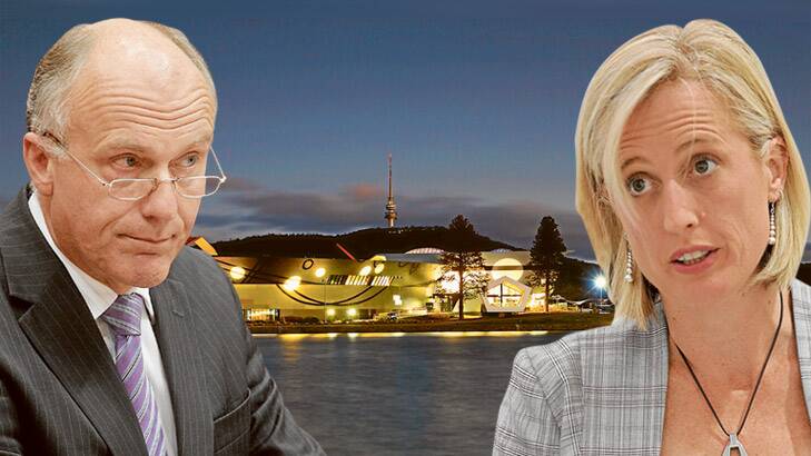 Public Service Minister Eric Abetz, left, says his office is yet to receive any representations from ACT Chief Minister Katy Gallagher, right, for assistance in coping with mass public service job losses in Canberra. Photo: Digital composition