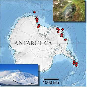 Map of volcanoes known to have been active since the last Ice Age. Inset lower left: volcanic Mount Erebus (photo by Steven Chown). Inset upper right: moss growing around a fumarole in the South Sandwich Islands (photo by Peter Convey). Photo: Supplied